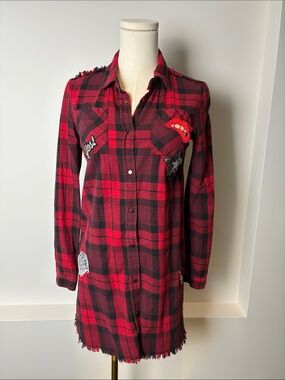 Red & Black Plaid Button-Front Tunic Shirt Dress